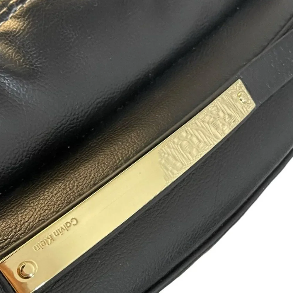 Calvin Klein Faux Leather Waist Belt Women 14 Black Gold Plate Adjustable FLAWED